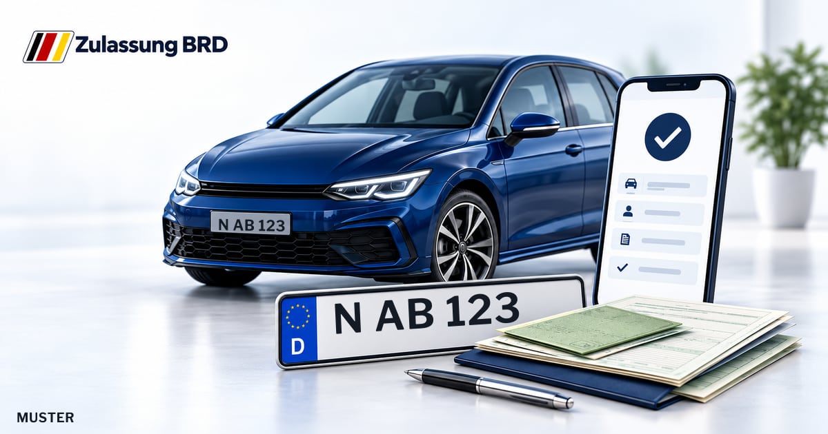 Online Fahrzeugzulassung in Landkreis Nürnberger Land: Musterkennzeichen N AB 123, Auto und Fahrzeugpapiere und Smartphone. Illustration mit Logo von Zulassung BRD.